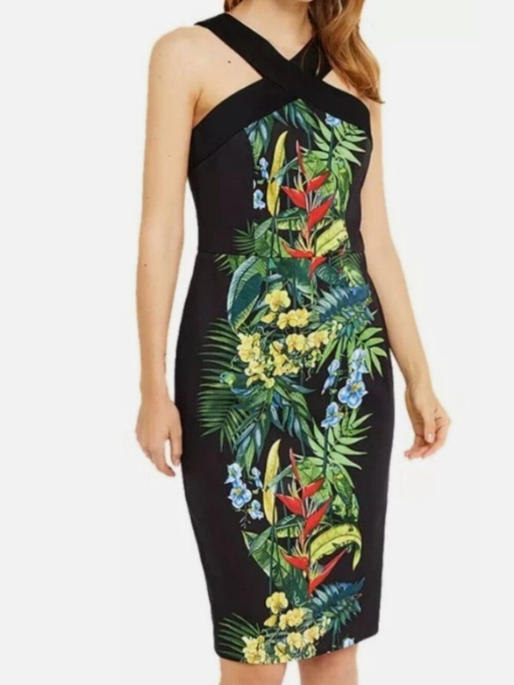Oasis London Cuba Tropical Floral Halterneck Pencil Jungle Midi Dress, US 6